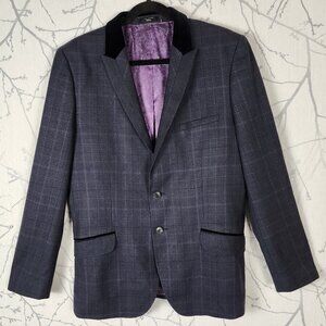 Ted Baker Purple Plaid 100% Wool Velvet Collar Sport Coat Blazer